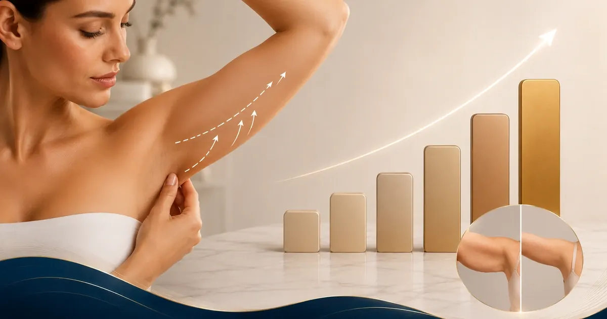 Infographic comparing arm liposuction costs by country and versus arm lift