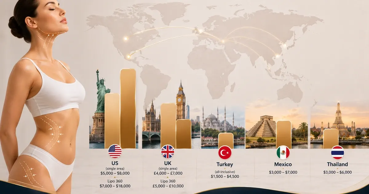 World map infographic showing liposuction cost ranges by country