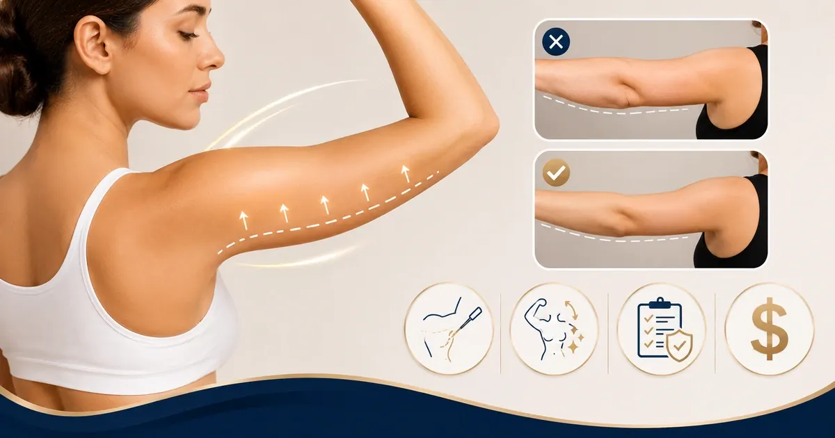 Editorial portrait of a confident woman in a cream sleeveless top showing naturally toned upper arms — aspirational arm contour reference