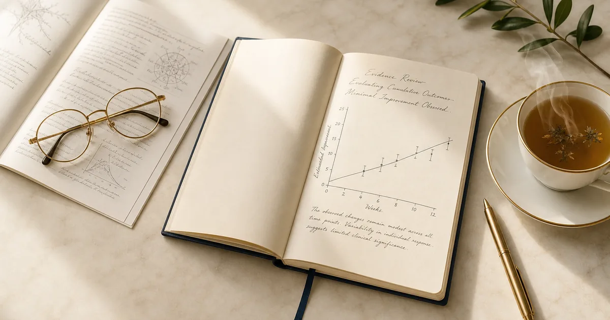 Editorial research flat-lay with an open ivory journal showing handwritten evidence findings and a hand-drawn improvement graph, an academic-style journal page, brushed-gold reading glasses and a porcelain teacup — premium scene for examining laser lipo evidence