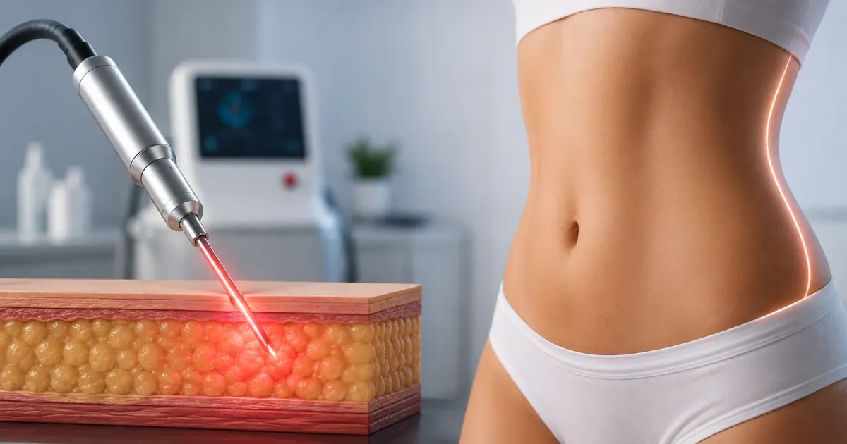 Illustration of laser energy liquefying fat cells before suction in laser-assisted liposuction