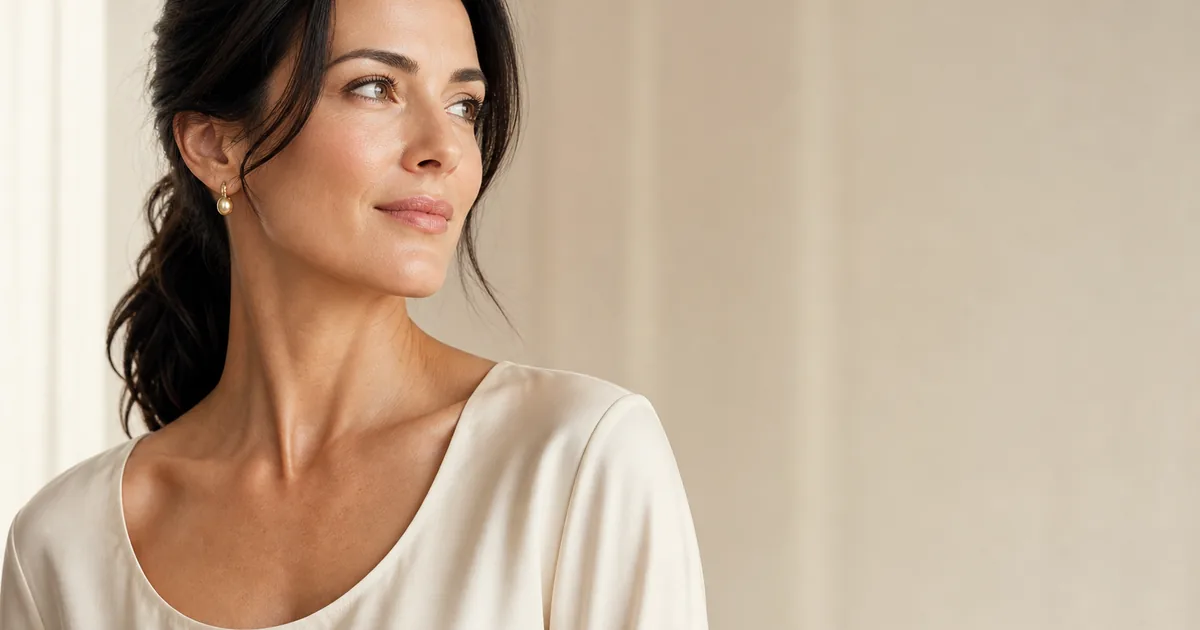 Editorial 3/4 portrait of a woman with refined chin and jawline contour in cream silk blouse — aspirational submental contour reference