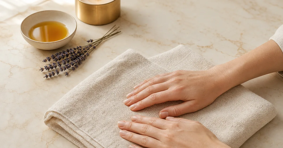 Premium spa scene with therapist's hands and folded cream towel under soft light — reference for manual lymphatic drainage after liposuction