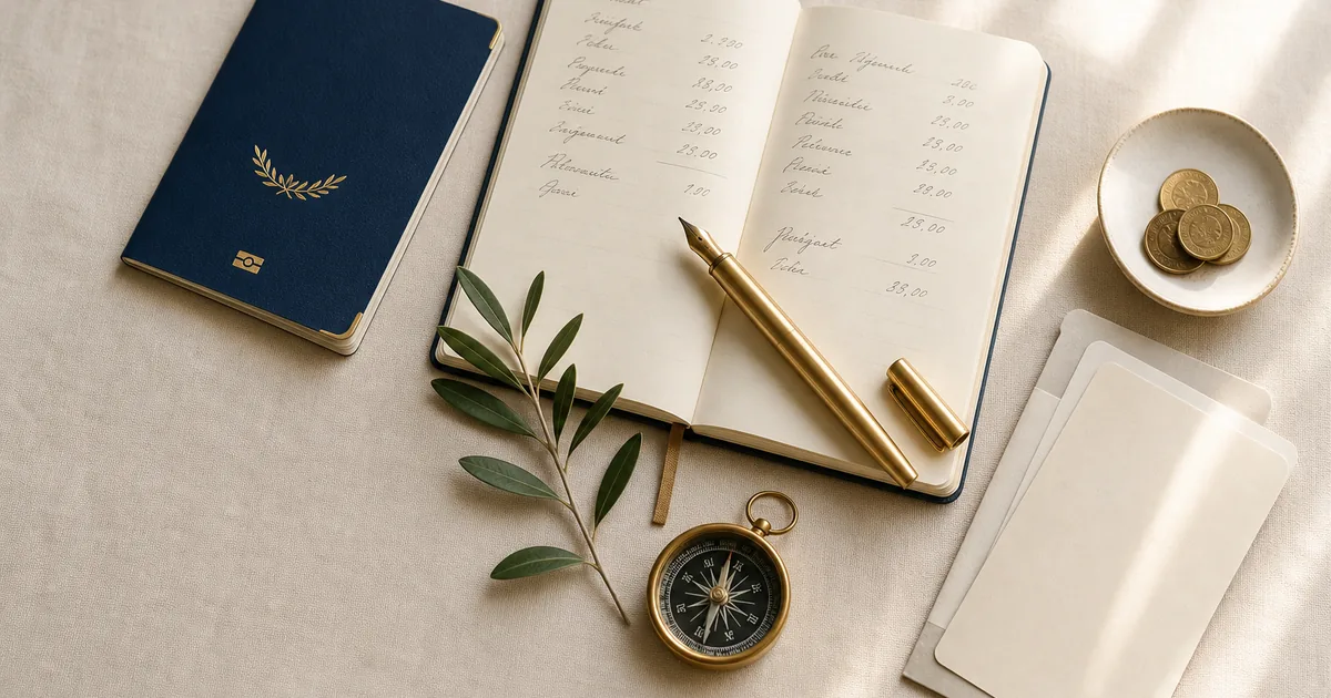 Editorial flat-lay on cream linen with passport, gold-rimmed notebook with handwritten budget, olive branch and brass pen — premium travel cost planning reference
