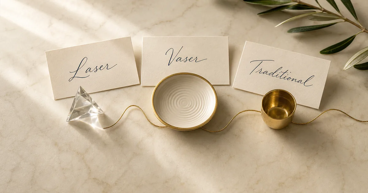 Editorial flat-lay of three ivory cards labeled Laser, Vaser and Traditional, each beside a distinct object — a glass prism, a wave-patterned ceramic dish and a classic brass cup — premium three-way technique comparison scene