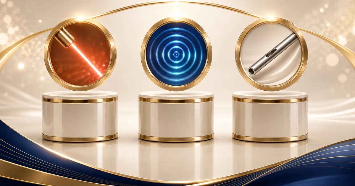 Premium illustration comparing three liposuction technologies on gold pedestals — a red laser beam for laser-assisted lipo, blue ultrasound waves for VASER, and a stainless-steel cannula for traditional suction liposuction