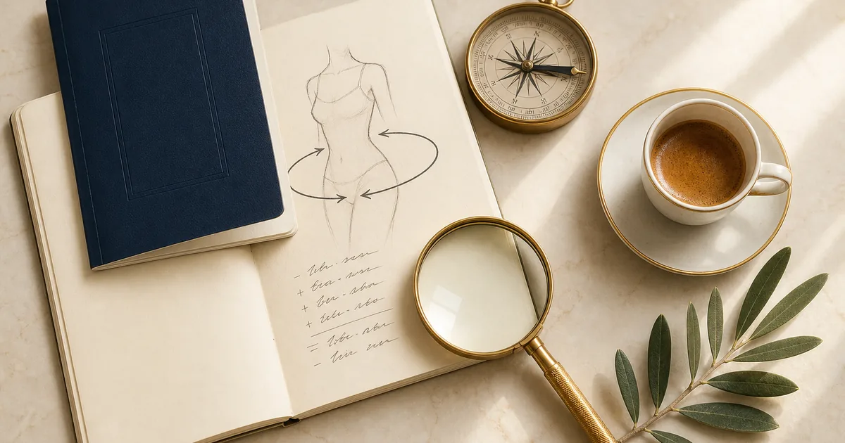 Editorial flat-lay with a navy passport, a hand-sketched 360° arrow around a torso silhouette in an ivory notebook, brass compass pointing east and handwritten Turkey cost figures — premium scene for researching Lipo 360 costs in Turkey