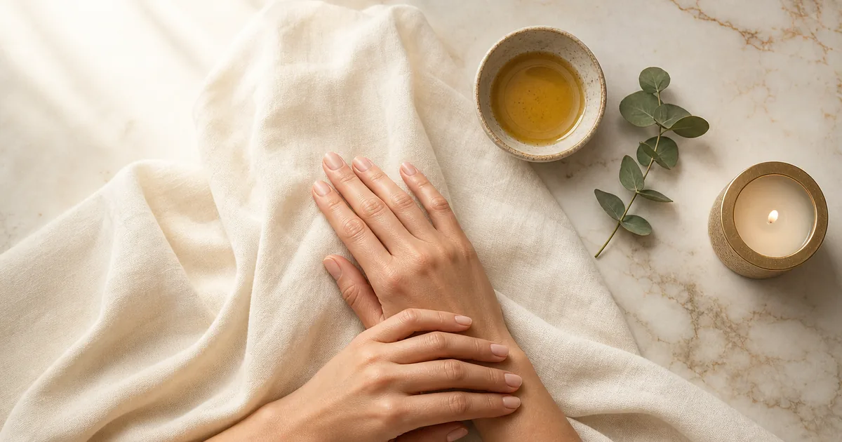 Premium spa-style manual lymphatic drainage scene with therapist's hands gliding over cream linen — reference for MLD after Lipo 360 recovery