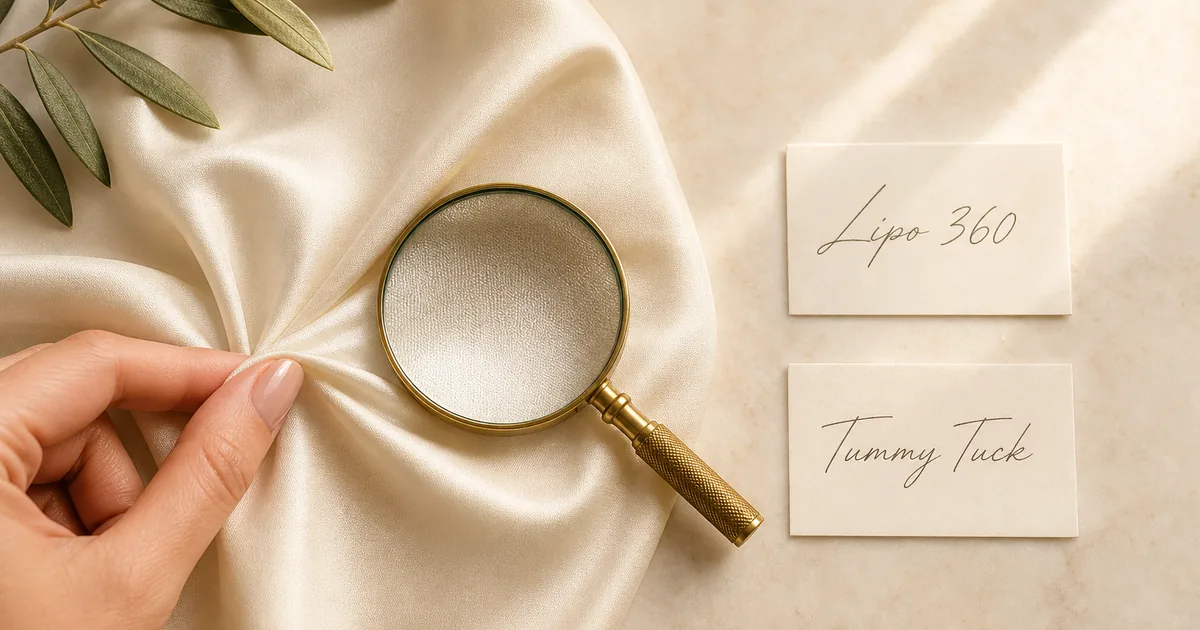 Editorial flat-lay of a piece of cream silk fabric softly pinched between manicured fingertips beside a brushed-gold magnifying glass and two ivory cards labeled Lipo 360 and Tummy Tuck — premium scene for examining the skin elasticity deciding factor