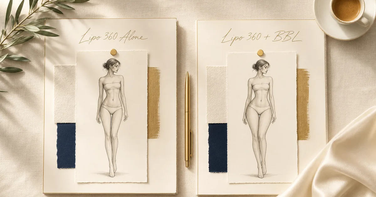 Editorial flat-lay of two ivory mood boards on cream linen, labeled Lipo 360 Alone and Lipo 360 + BBL, each with handwritten fashion-illustration silhouettes — premium decision-making scene for combining BBL