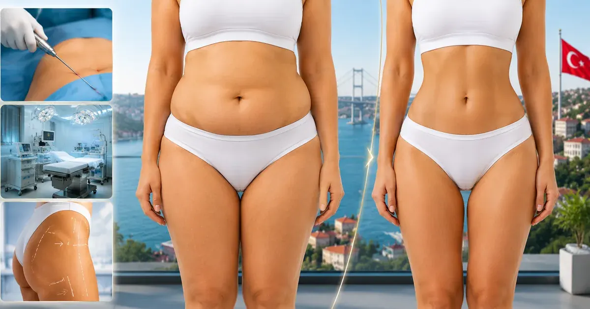 Side-by-side comparison illustrating realistic liposuction before and after expectations with notes on swelling timeline