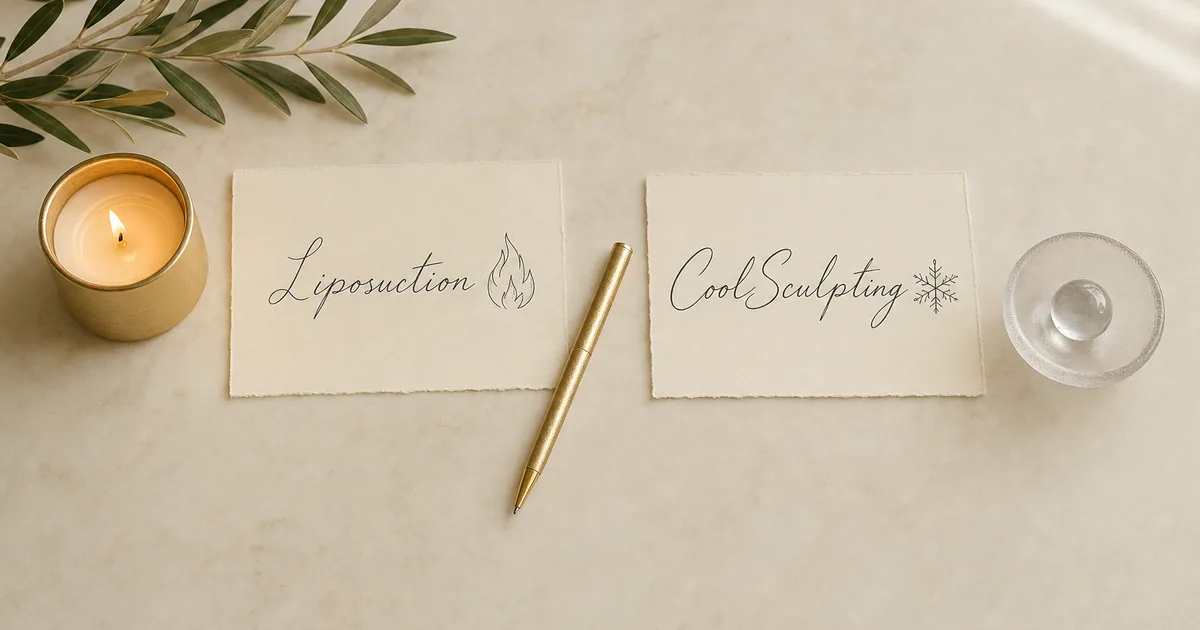 Editorial flat-lay of two ivory cards labeled Liposuction and CoolSculpting, with a brass-rimmed warm candle on the left and a frosted dish with a clear marble on the right — premium warm-versus-cool comparison scene