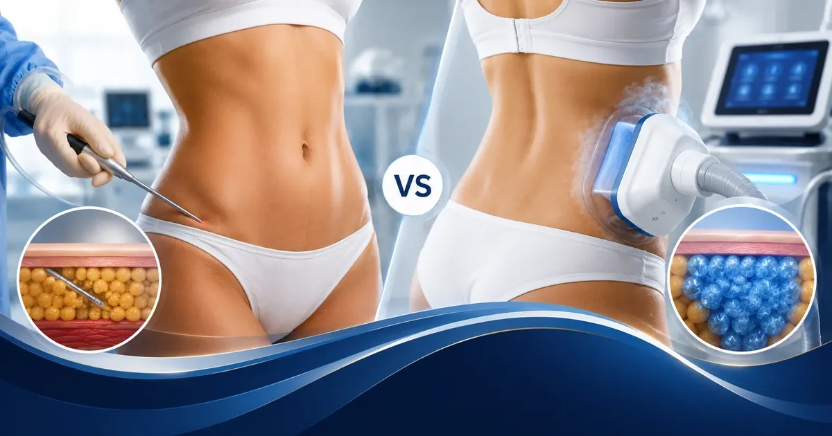 Side-by-side diagram comparing liposuction fat removal via cannula with CoolSculpting cryolipolysis applicator