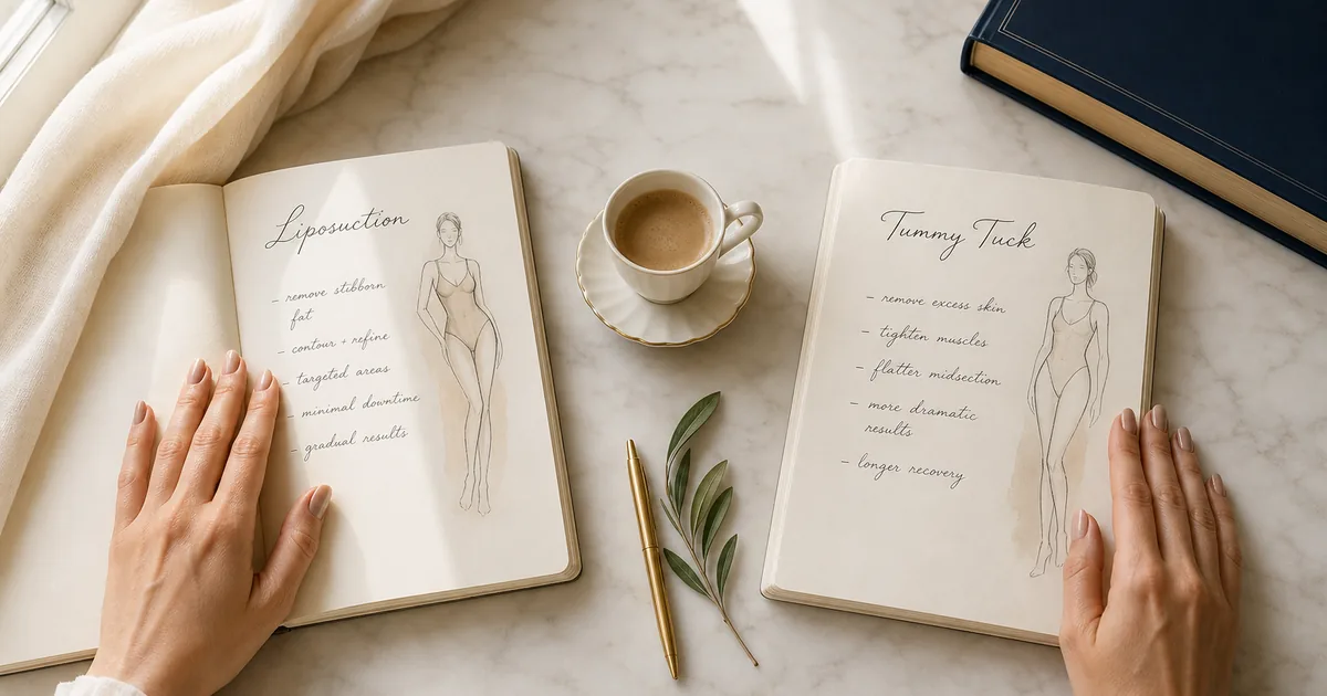 Editorial overhead scene of elegant hands holding two open ivory notebooks side by side with handwritten Liposuction and Tummy Tuck research notes, on a cream marble desk by a sunlit window — premium decision-making scene