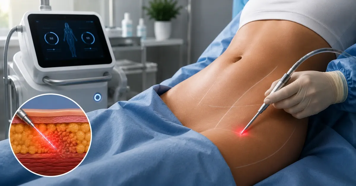 Diagram showing SmartLipo laser fibre inserted under the skin to liquefy fat and stimulate collagen before suction