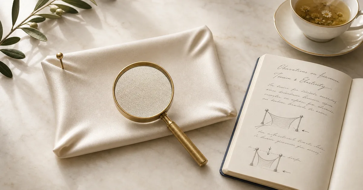 Editorial flat-lay of a piece of cream silk fabric stretched taut between two delicate brass pins, a brushed-gold magnifying glass over its surface, an ivory notebook with handwritten skin-tightening evidence notes — premium scene examining SmartLipo skin tightening claims