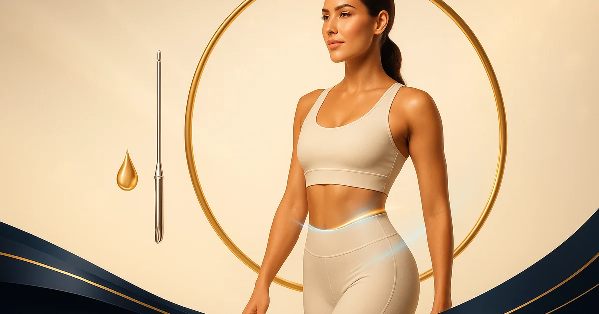 Premium editorial illustration of a fit woman in ivory activewear framed by a gold ring, with a stainless-steel cannula and golden droplet — representing tumescent liposuction body contouring