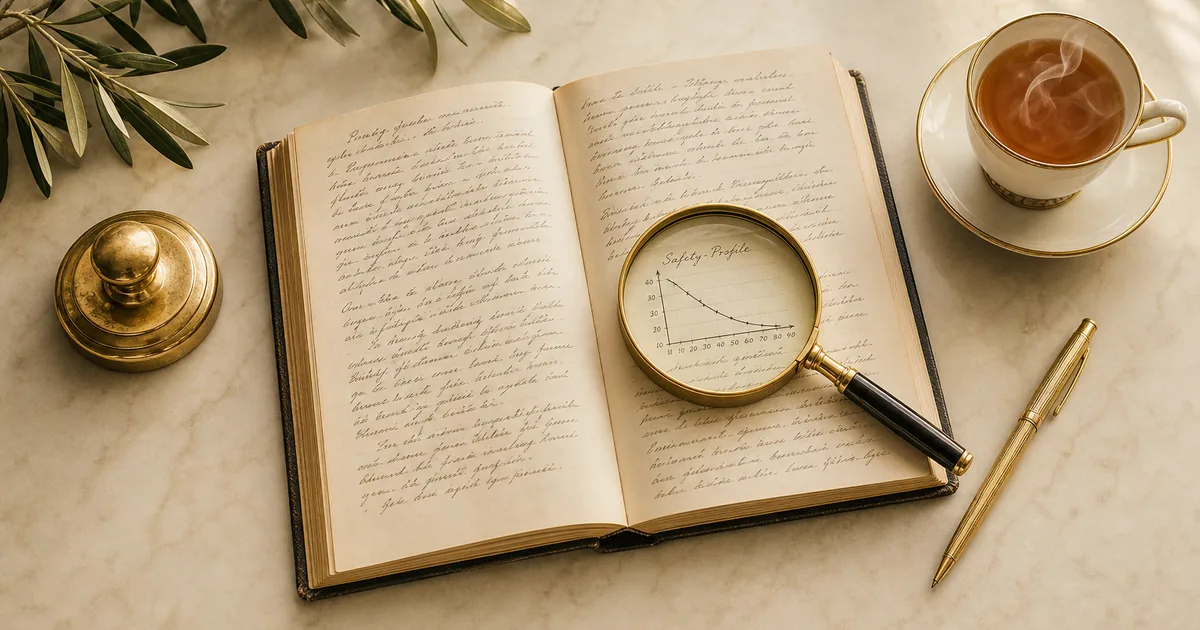 Editorial vintage flat-lay of an open hardcover ivory journal with handwritten tumescent safety notes and dates, a brushed-gold magnifying glass over a small hand-drawn chart, a brass paperweight and a porcelain teacup — premium scene for documented tumescent safety history