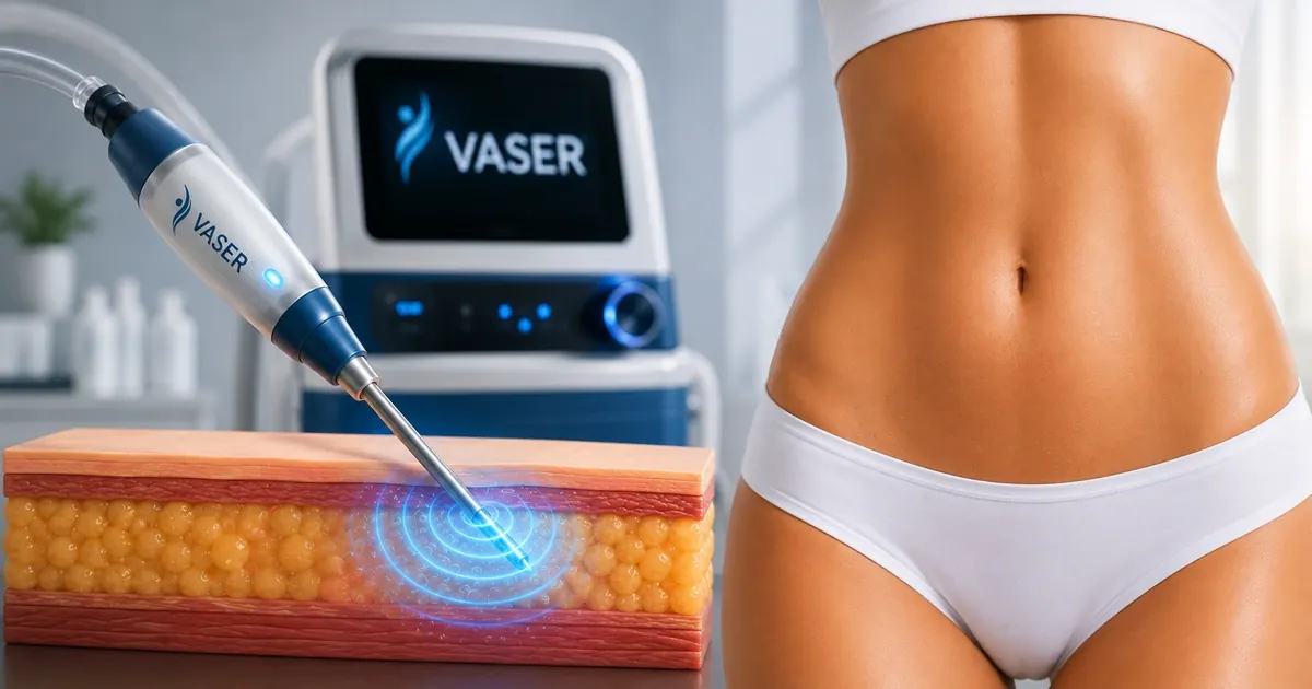 Diagram showing how VASER ultrasound probes selectively disrupt fat cells while sparing connective tissue