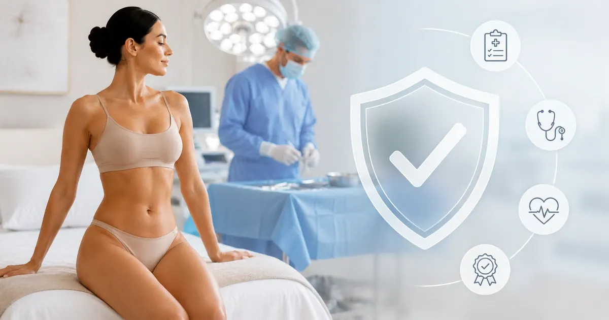Infographic showing liposuction safety data: complication rates by risk category