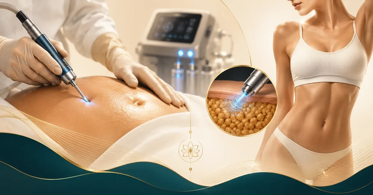 Diagram illustrating VASER ultrasound-assisted liposuction probe emulsifying fat tissue