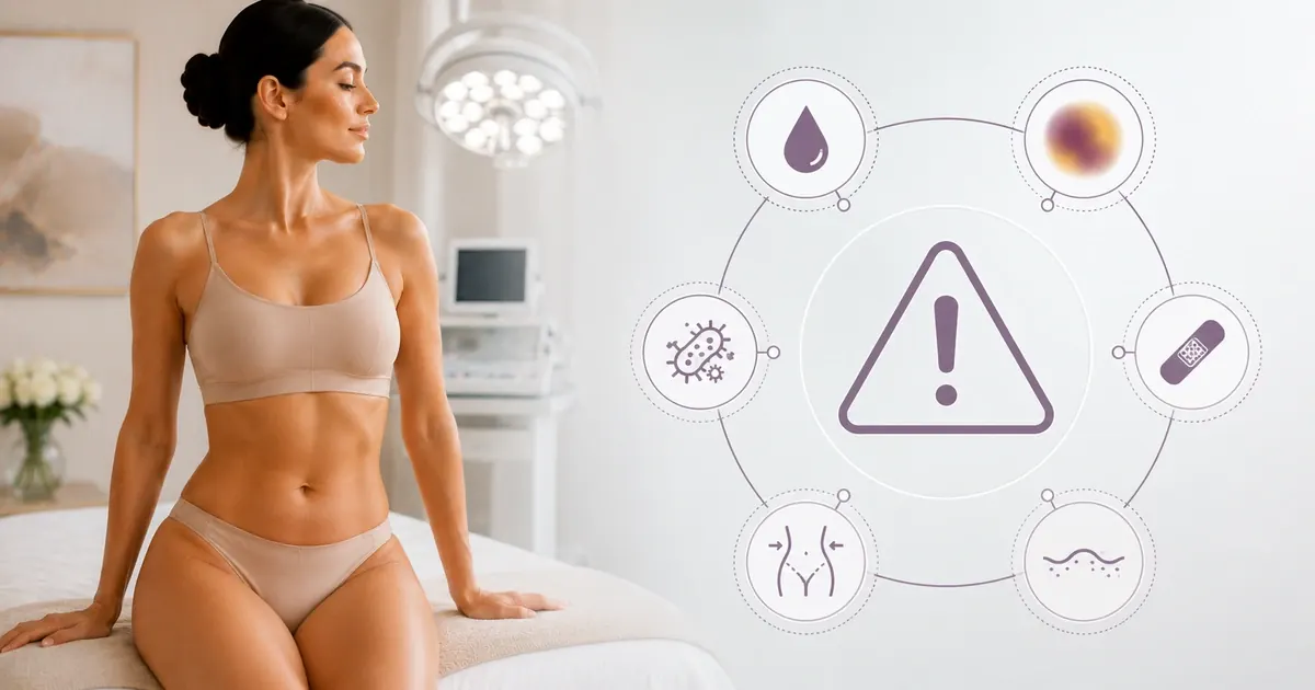 Risk spectrum diagram for liposuction: from common temporary side effects to rare serious complications