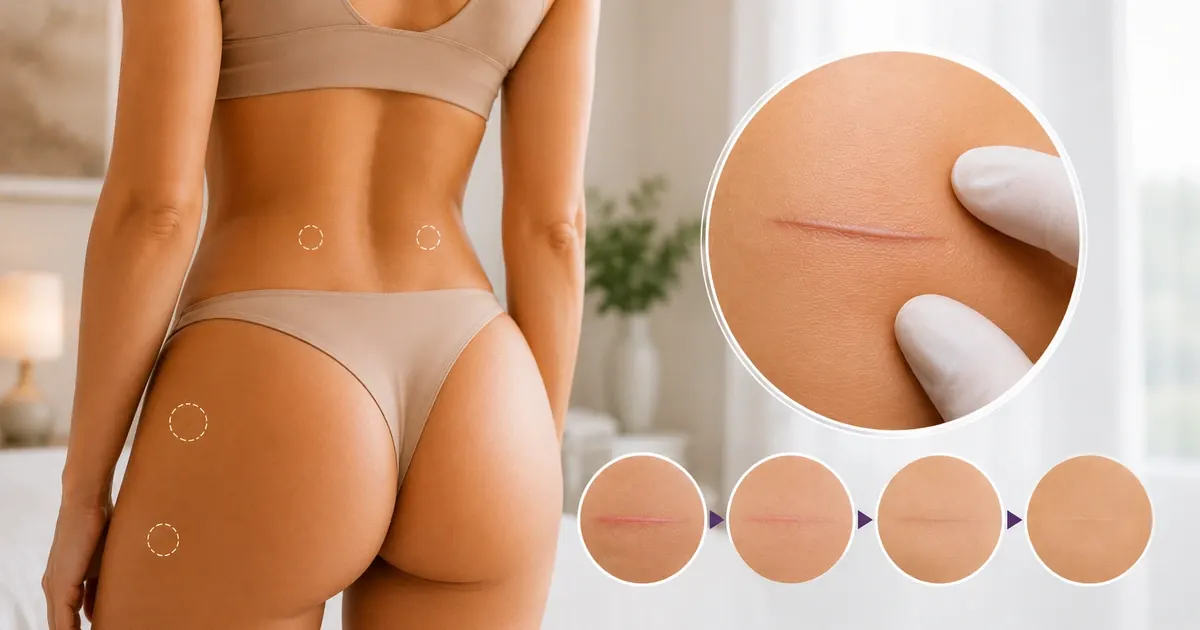 Realistic liposuction scarring expectations - typical incision placement and healed scar appearance
